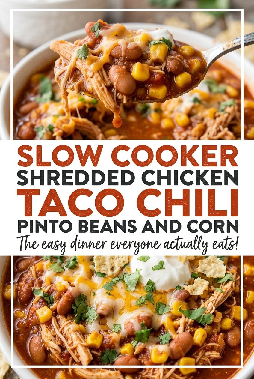 Slow Cooker Shredded Chicken Taco Chili with Pinto Beans and Corn, hearty and colorful