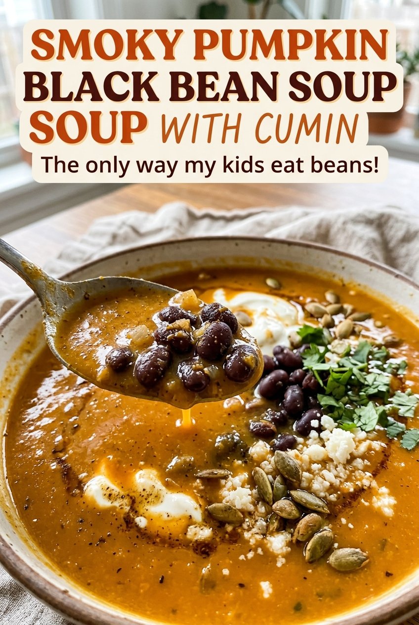 Smoky Pumpkin Black Bean Soup with Cumin, chunky and hearty