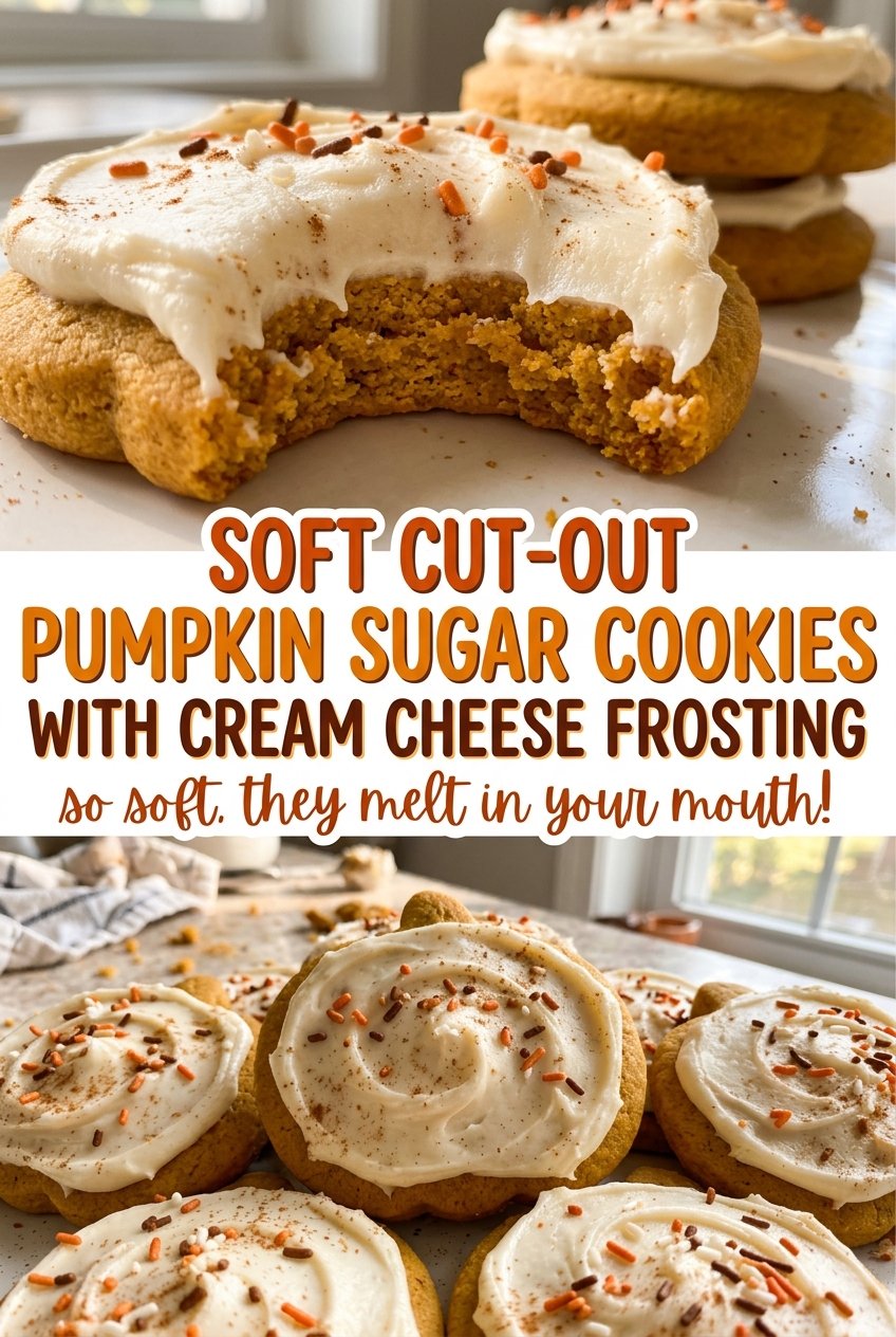 Soft Cut-Out Pumpkin Sugar Cookies with Cream Cheese Frosting, tender spiced cookies