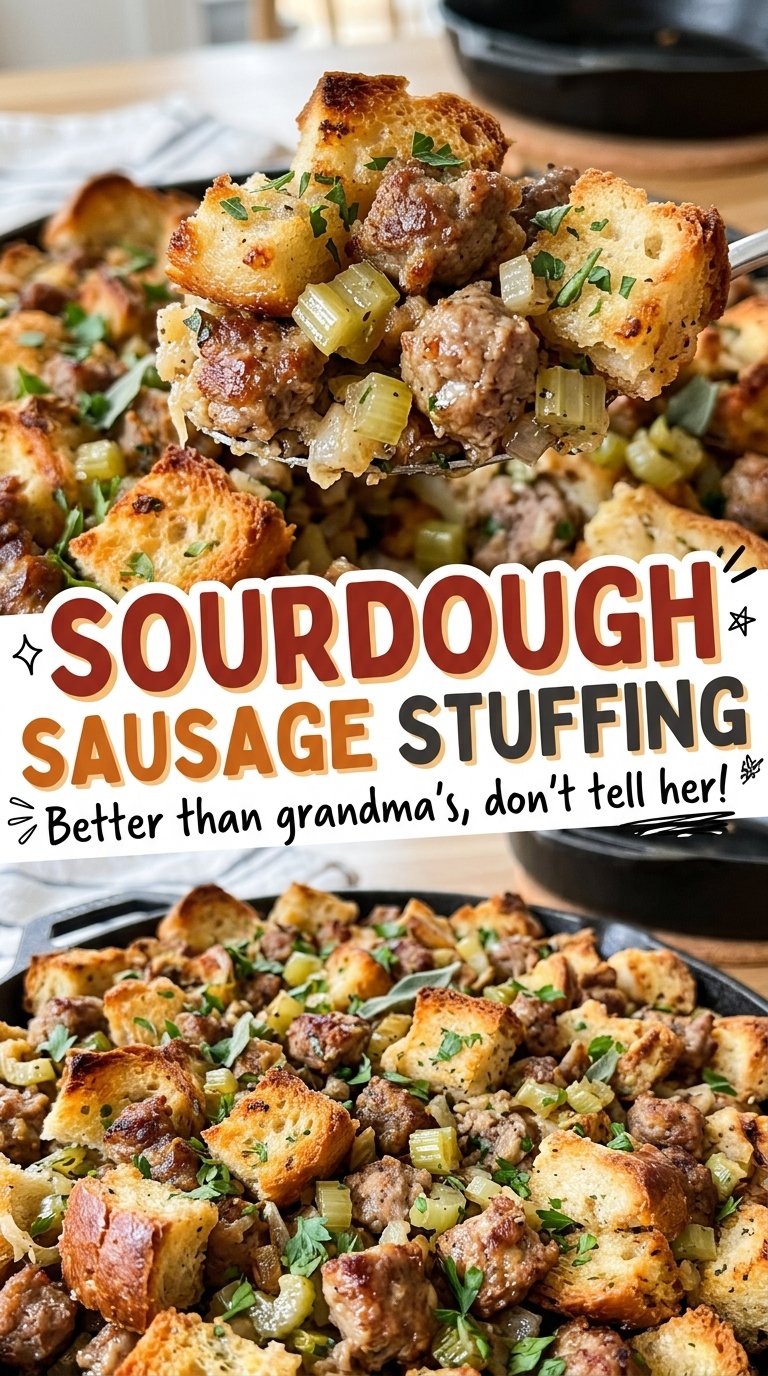 Sourdough Sausage Stuffing crisp golden top