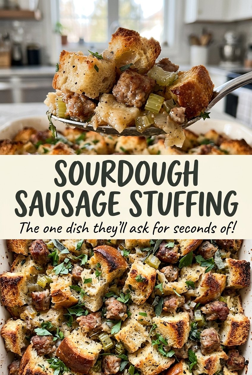 Sourdough Sausage Stuffing golden herb crust