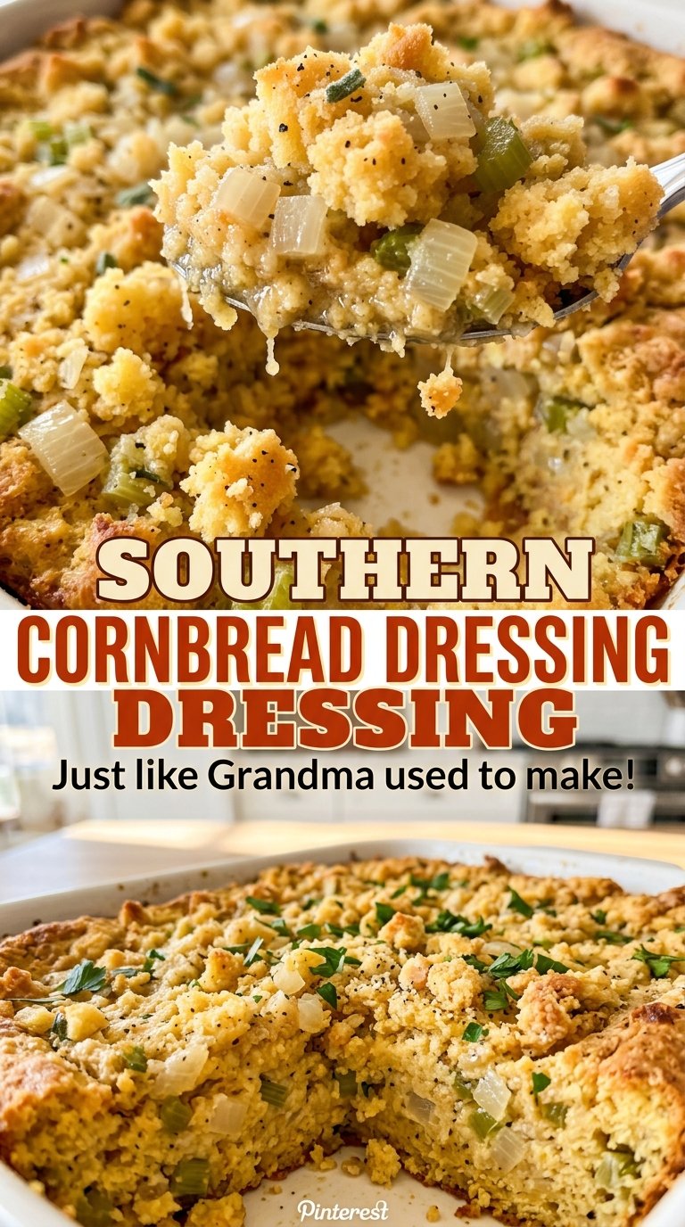 Southern Cornbread Dressing with savory, browned crust
