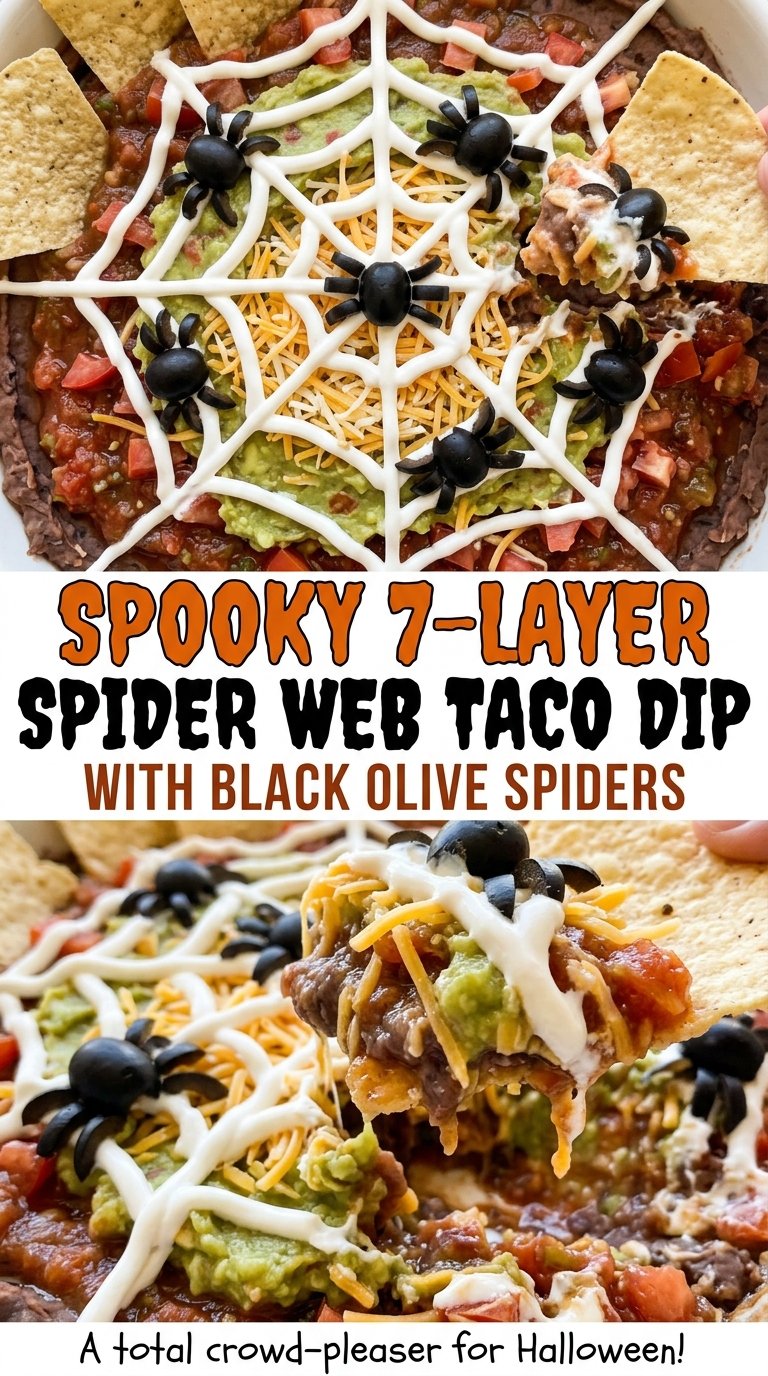 Spooky 7-Layer Taco Dip with Black Olive Spiders, colorful party layers