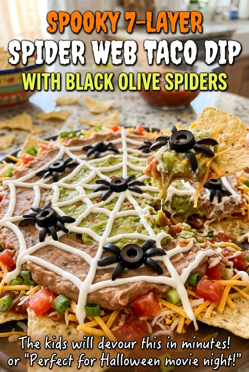 Spooky 7-Layer Taco Dip with Black Olive Spiders, layered sour cream web