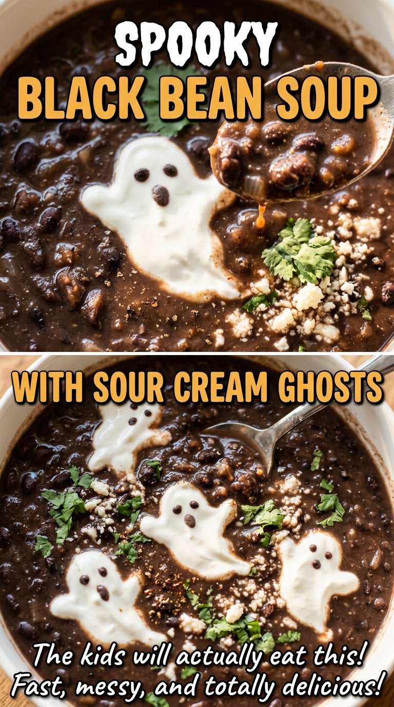 Spooky Black Bean Soup with Sour Cream Ghosts, dark and comforting