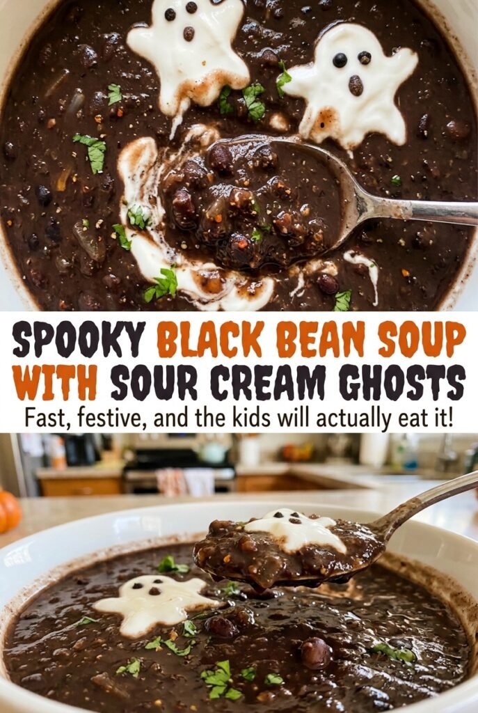 Spooky Black Bean Soup with Sour Cream Ghosts