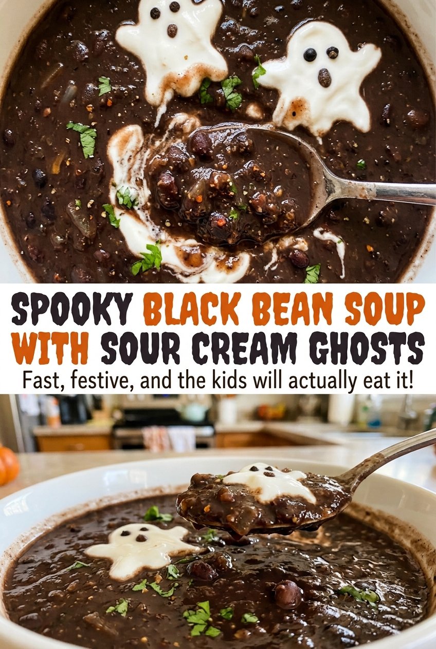 Spooky Black Bean Soup with Sour Cream Ghosts, savory and hearty