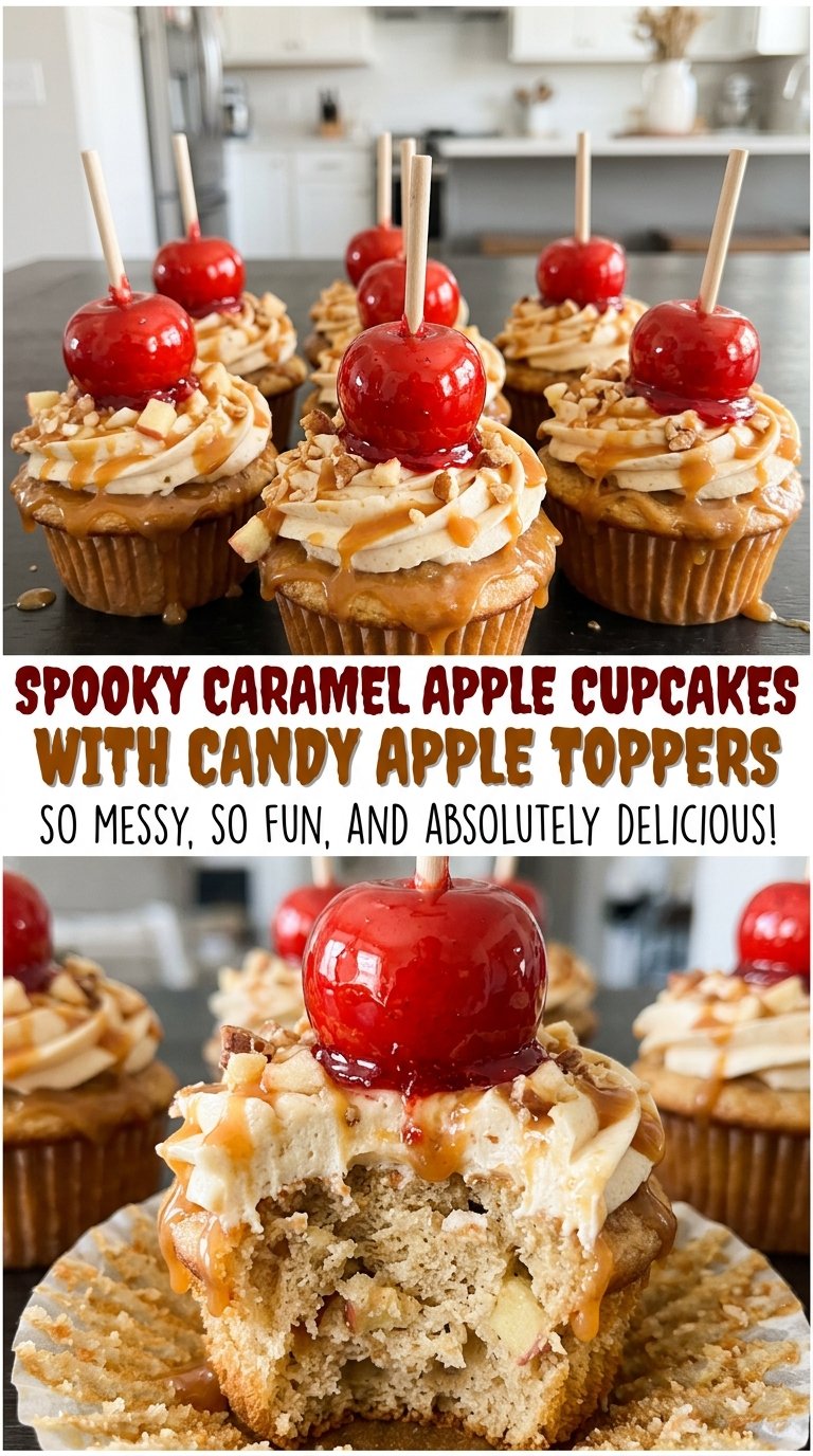 Spooky Caramel Apple Cupcakes with Candy Apple Toppers, cinnamon cake and red candy