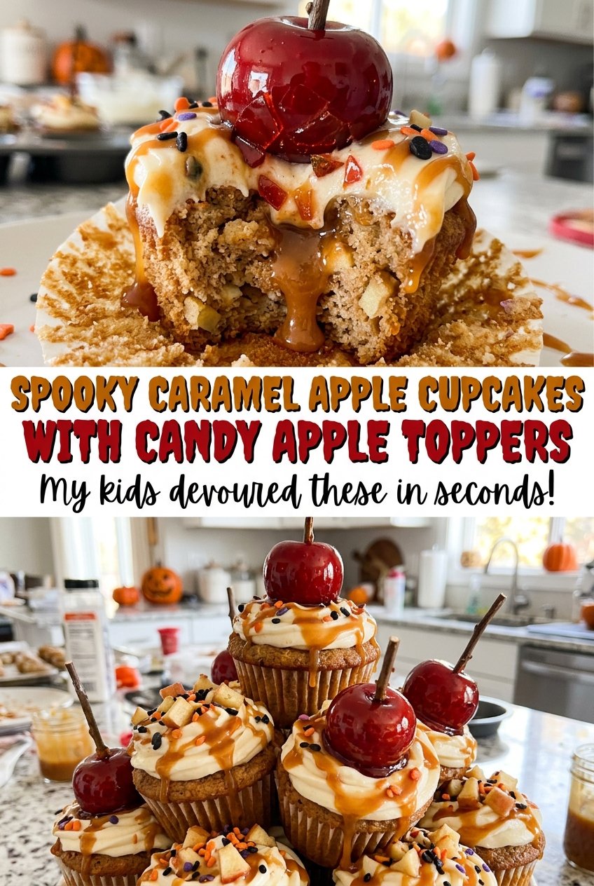 Spooky Caramel Apple Cupcakes with Candy Apple Toppers, caramel-frosted apple cupcakes