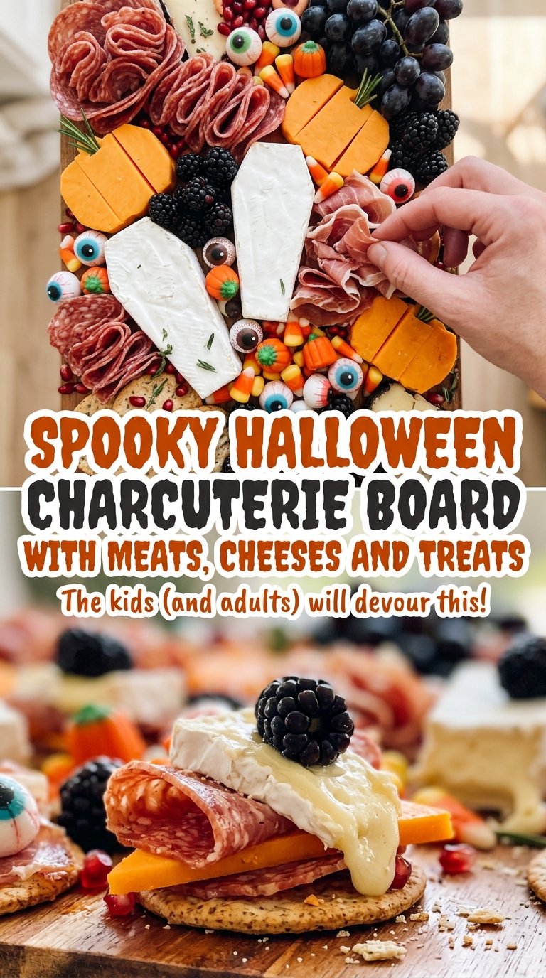 Spooky Halloween charcuterie board with meats, cheeses and treats, savory sweet spread