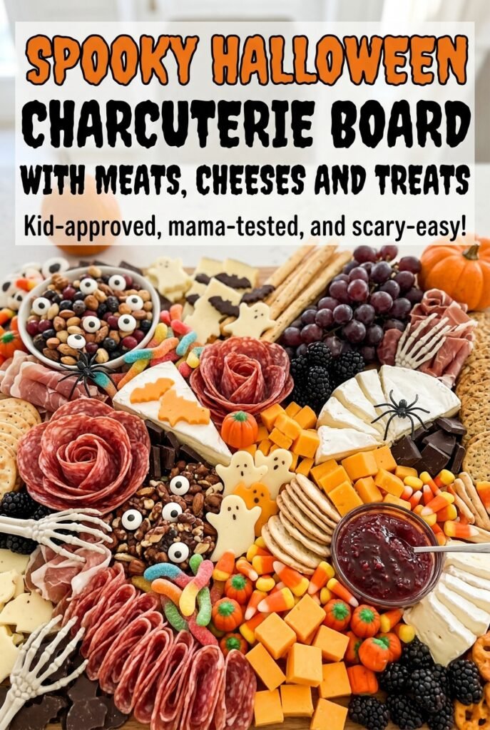 Spooky Halloween Charcuterie Board with Meats, Cheeses and Treats