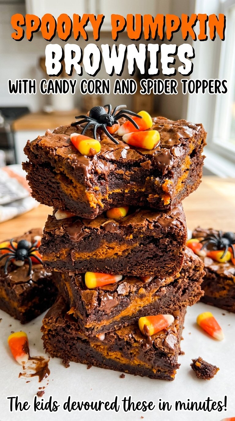 Spooky pumpkin brownies with candy corn and chocolate spider toppers