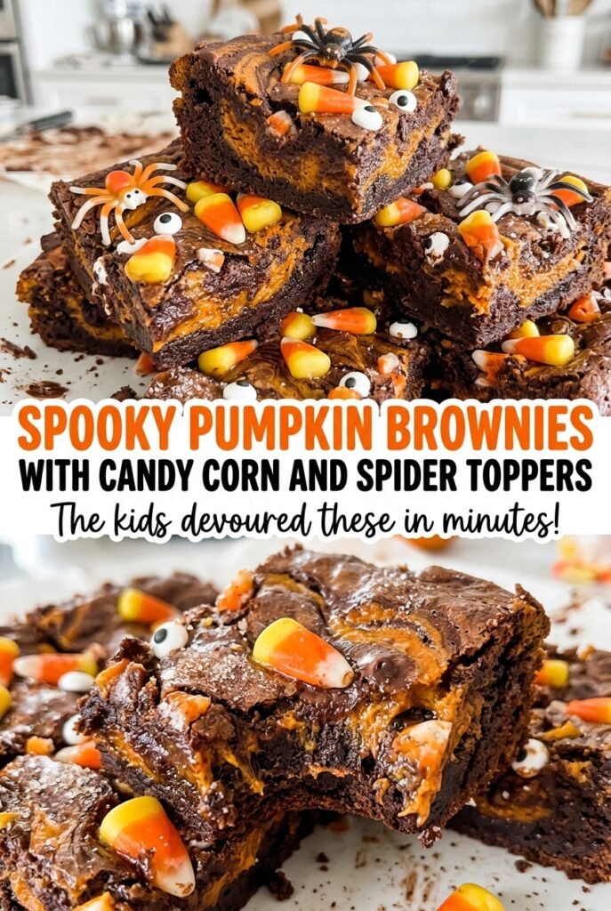 Spooky Pumpkin Brownies with Candy Corn and Spider Toppers