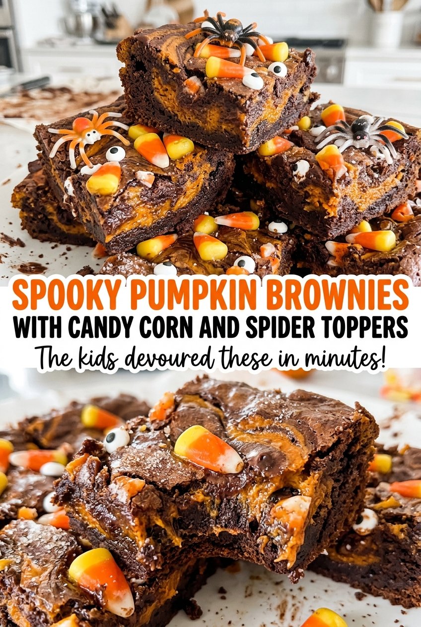 Spooky Pumpkin Brownies with Candy Corn and Spider Toppers, marbled pumpkin swirl