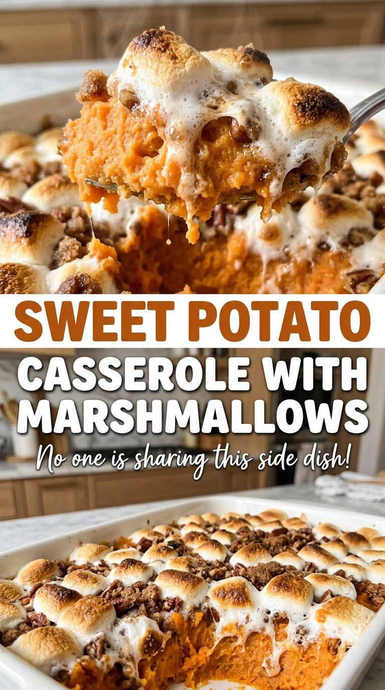 Sweet potato casserole with marshmallows, creamy center and toasted top