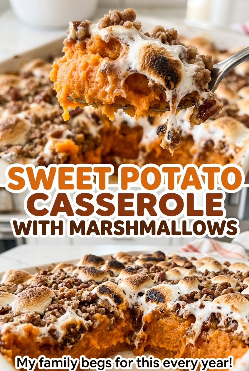 Sweet potato casserole with marshmallows, smooth filling and golden topping