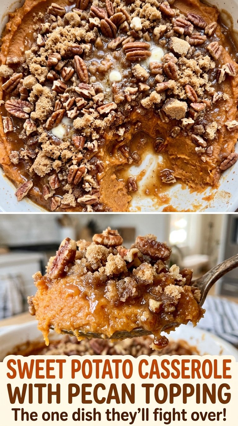 Sweet Potato Casserole with Pecan Topping crumbly pecan topping