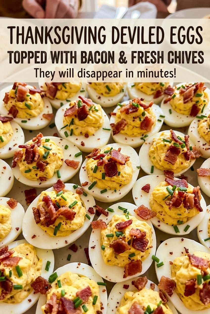 Thanksgiving deviled eggs topped with bacon and fresh chives, creamy and savory