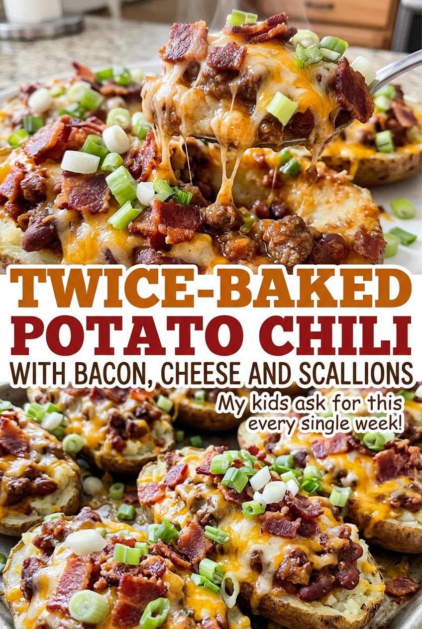 Twice-Baked Potato Chili with Bacon, Cheese and Scallions, golden and hearty