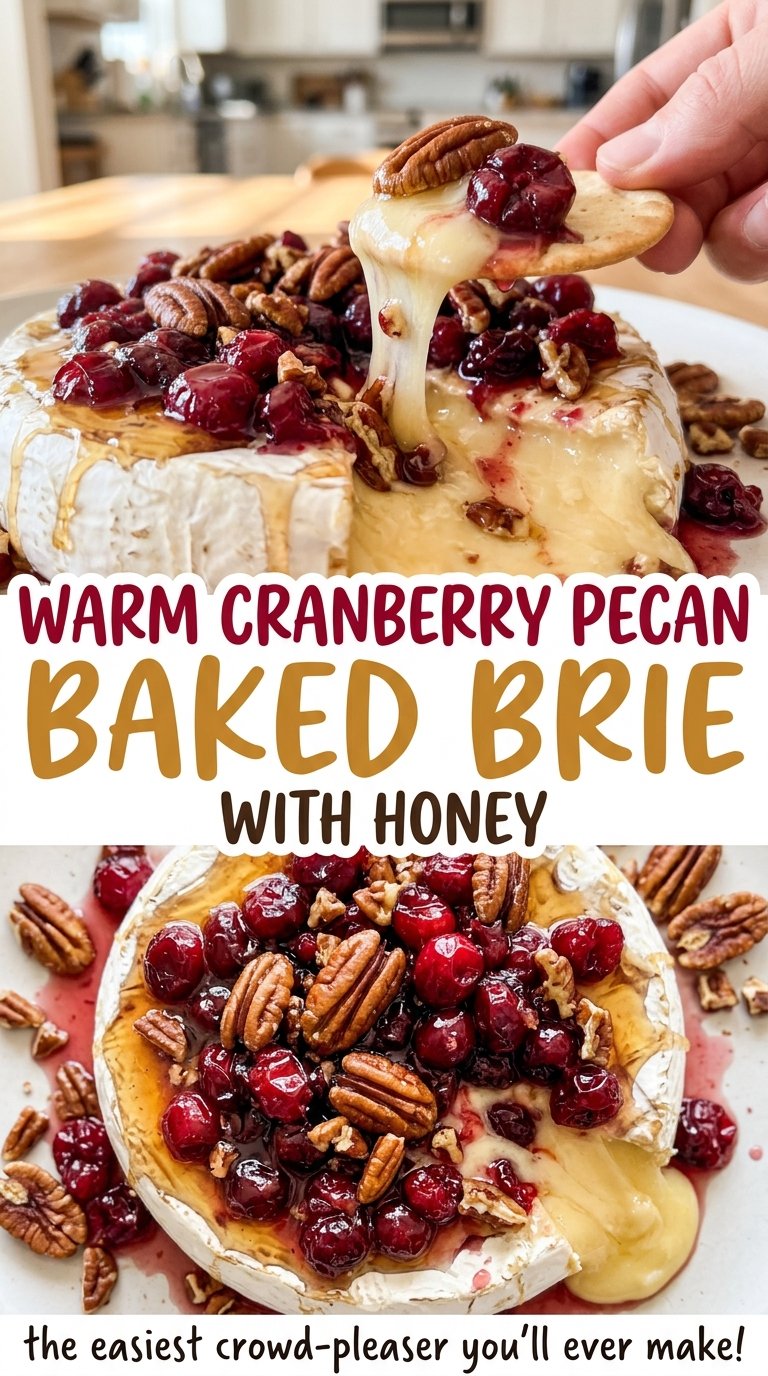 Warm Cranberry Pecan Baked Brie with Honey jeweled cranberry topping