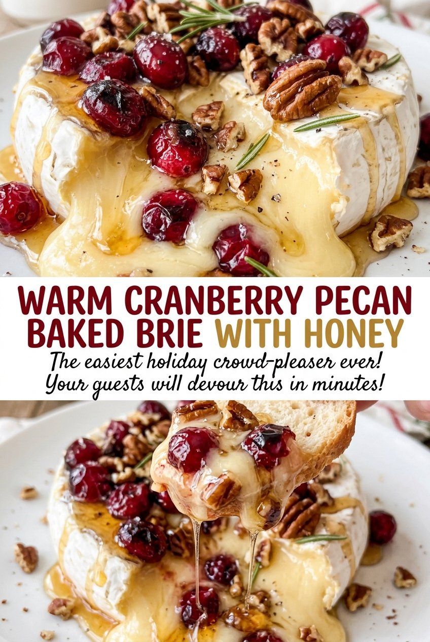 Warm Cranberry Pecan Baked Brie with Honey glossy cranberry topping