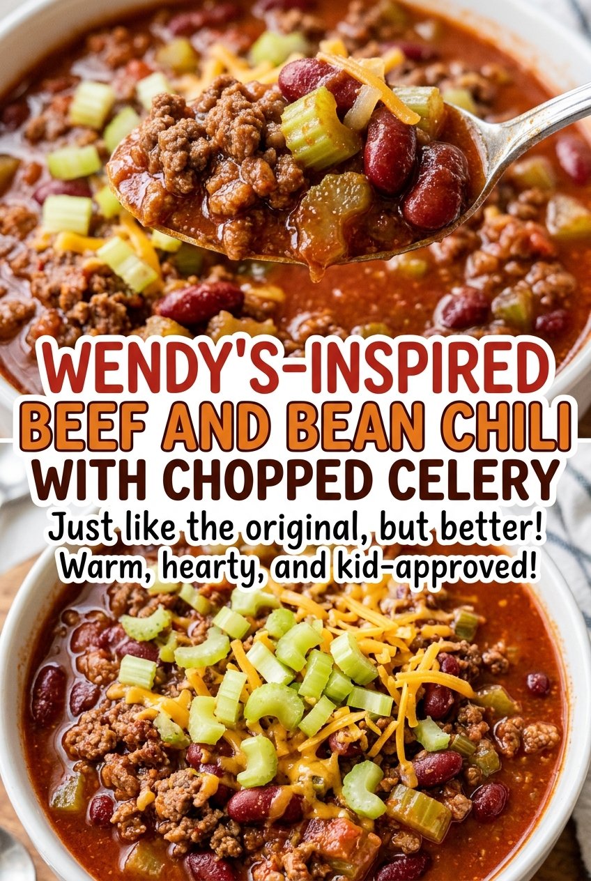 Wendy's-inspired beef and bean chili with celery, hearty and tomato-rich